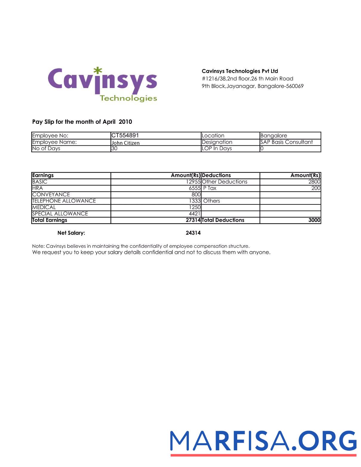 Printable India Cavinsys Technologies Pvt Ltd payslip example